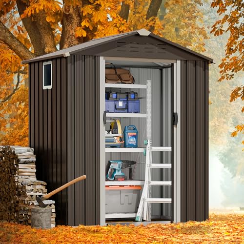 Image of JY QAQA 5x3 FT Metal Outdoor Garden Storage Shed, Waterproof Metal Garden Sheds with Window and Lockable Double Door, Weather Resistant Steel Tool Storage House Shed for Patio, Lawn Gray