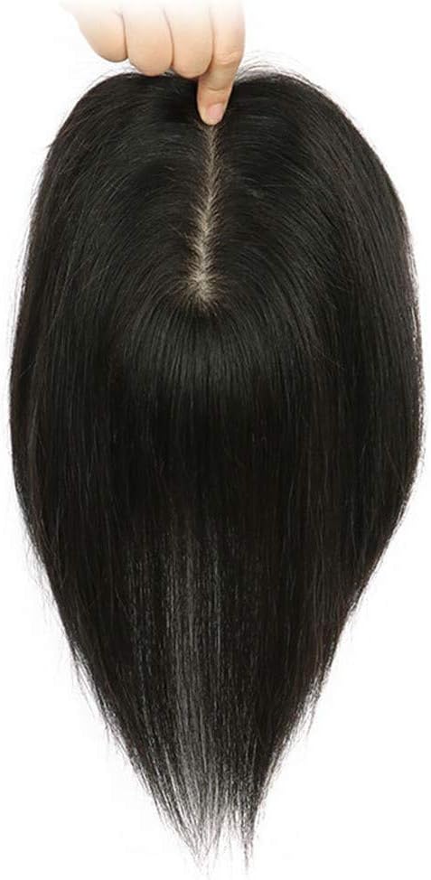 LXUE Real Human Hair Toppers with Clip on, 4.7" x 5.5" Silk Base Crown Topper Hairpieces for Women, 12" Dark Brown