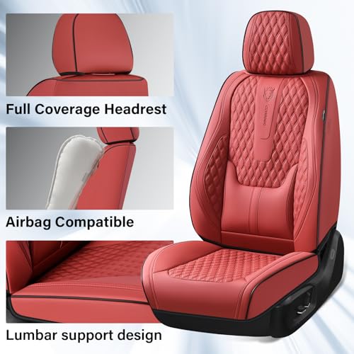Image of Coverado Car Seat Covers Front, Nappa Leather Seat Covers for Cars, Waterproof Seat Covers with Lumbar Support Universal Fit for Most Cars SUV Trucks, Automotive Seat Covers (Front, Red-Blackline)