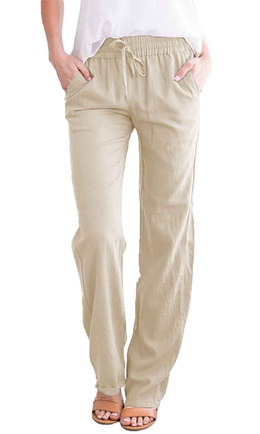 Women's Trousers Casual Cotton Linen Pants Elasticated Waist Pants with Pockets Summer Drawstring Lightweight Comfy Straight Loose Trousers for Sports Running