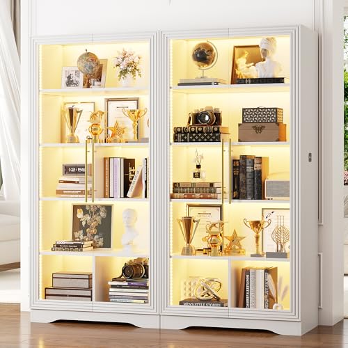 Image of LVSOMT Bookcase with Glass Doors and LED Light, Home Office Bookshelf White | 65 inch Tall Display Cabinet with Adjustable Shelves, Human Sensor, 5 Tier Storage Case for Collectibles, Living Room Study Room