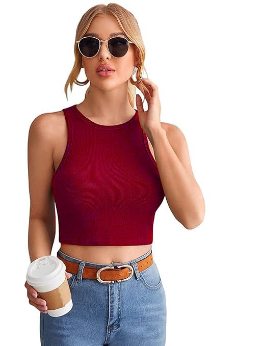 bluewish Women's Ribbed Crop Tank Top, Sleeveless High Neck,-picture-23