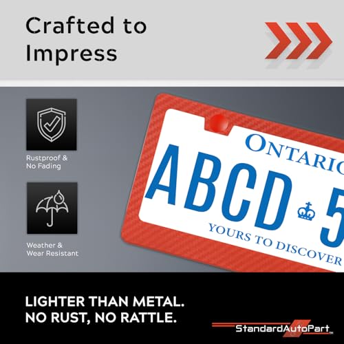 Image of Premium Slim Red Carbon Fiber Design License Plate Frame - 2 Pack, Durable Plastic, Rust-Free, License Plate Protector, Street Legal, Universal with Screw Caps