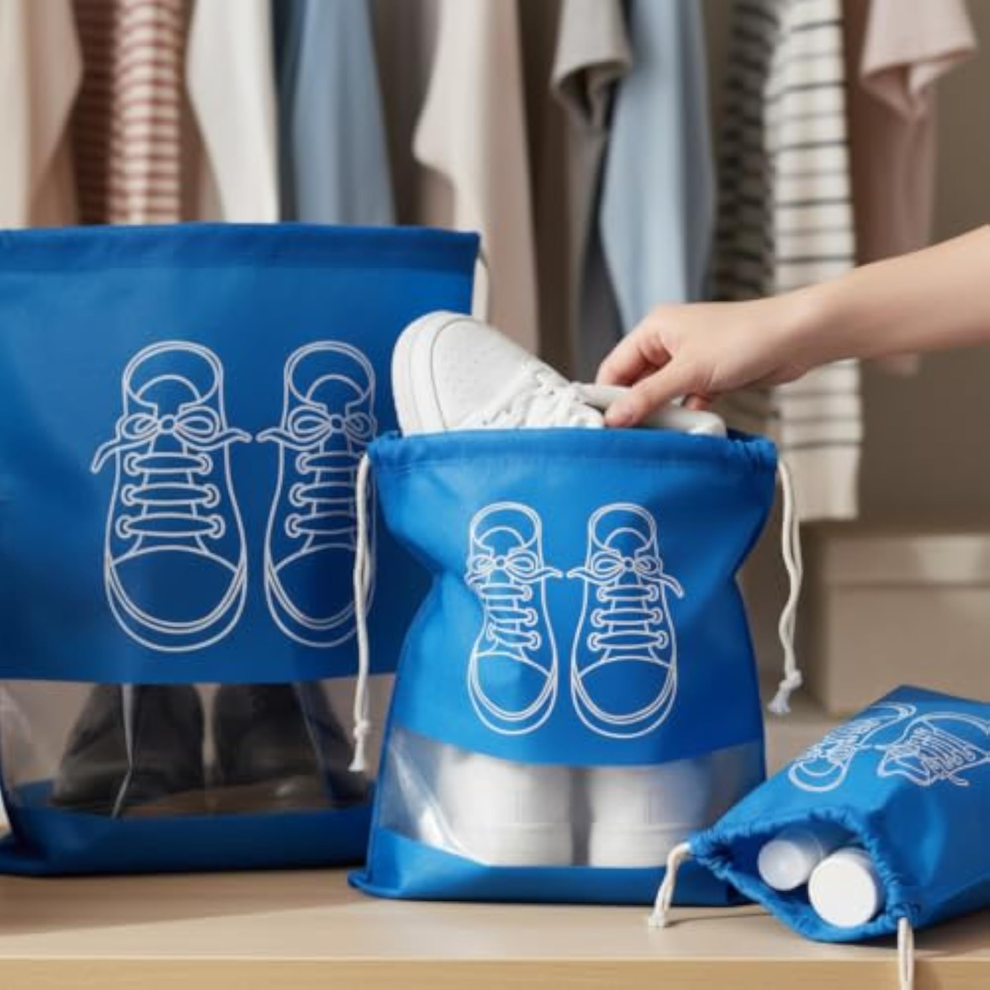 Nonwoven Drawstring Shoe Storage Bags for Travel, Medium Sky Blue
