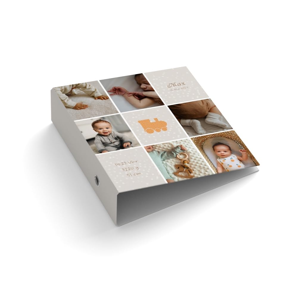 Ringordner | Ordner für Kinder | personalisiert mit Fotos + Name + Geburtsdaten | Sterne | Kleine Lokomotive | Mit Griffloch | für DIN A4 | 7,4 cm breit | Geburt | Baby | Liebe