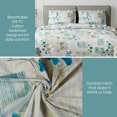 Image of Haus & kinder Double Bedsheet for Queen Size Bed | 90 x 100 Inches 144 TC Cotton Bedsheet for Double Bed with 2 Pillow Covers - Aqua Meadow Blue