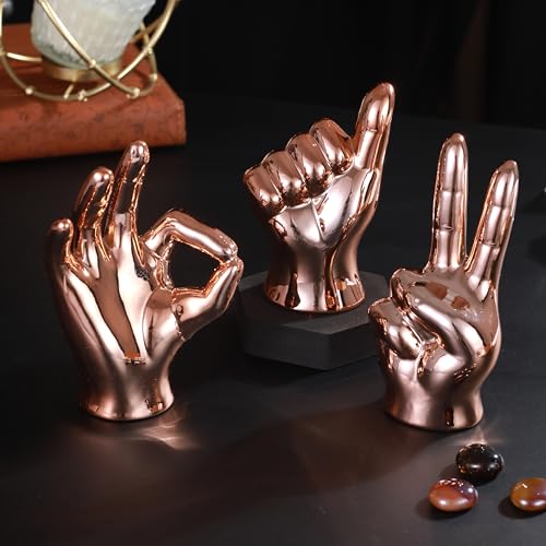 Image of TIED RIBBONS Set of 3 Hand Sign Gesture Showpiece Statue Collectible Figurines (Ceramic, Copper) for Home Decor Living Room Bedroom Wall Shelf Office Table Top Decoration Gifting Items, Religious