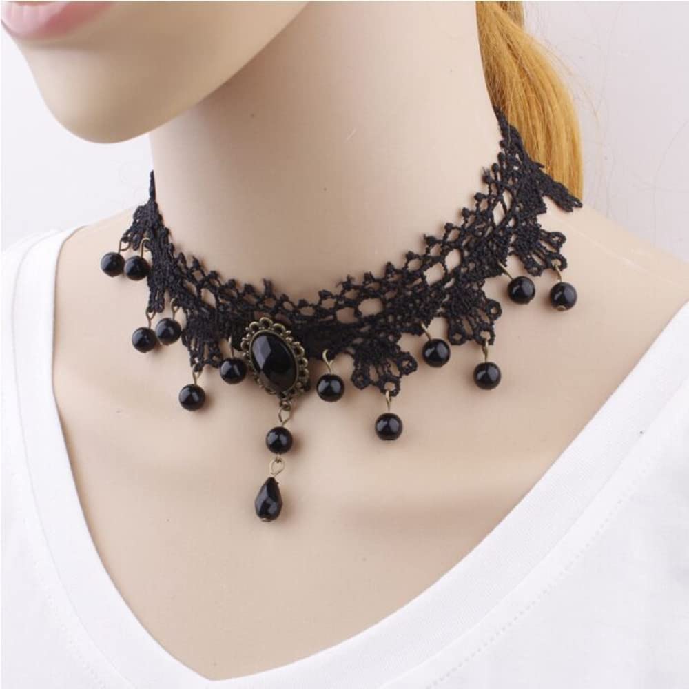 MIQIQAOBlack Retro Choker Gothic Tattoo Lace Choker Black Tassel Crystal  Choker Necklace with Water Droplets Shape Pendant Necklace for Women and