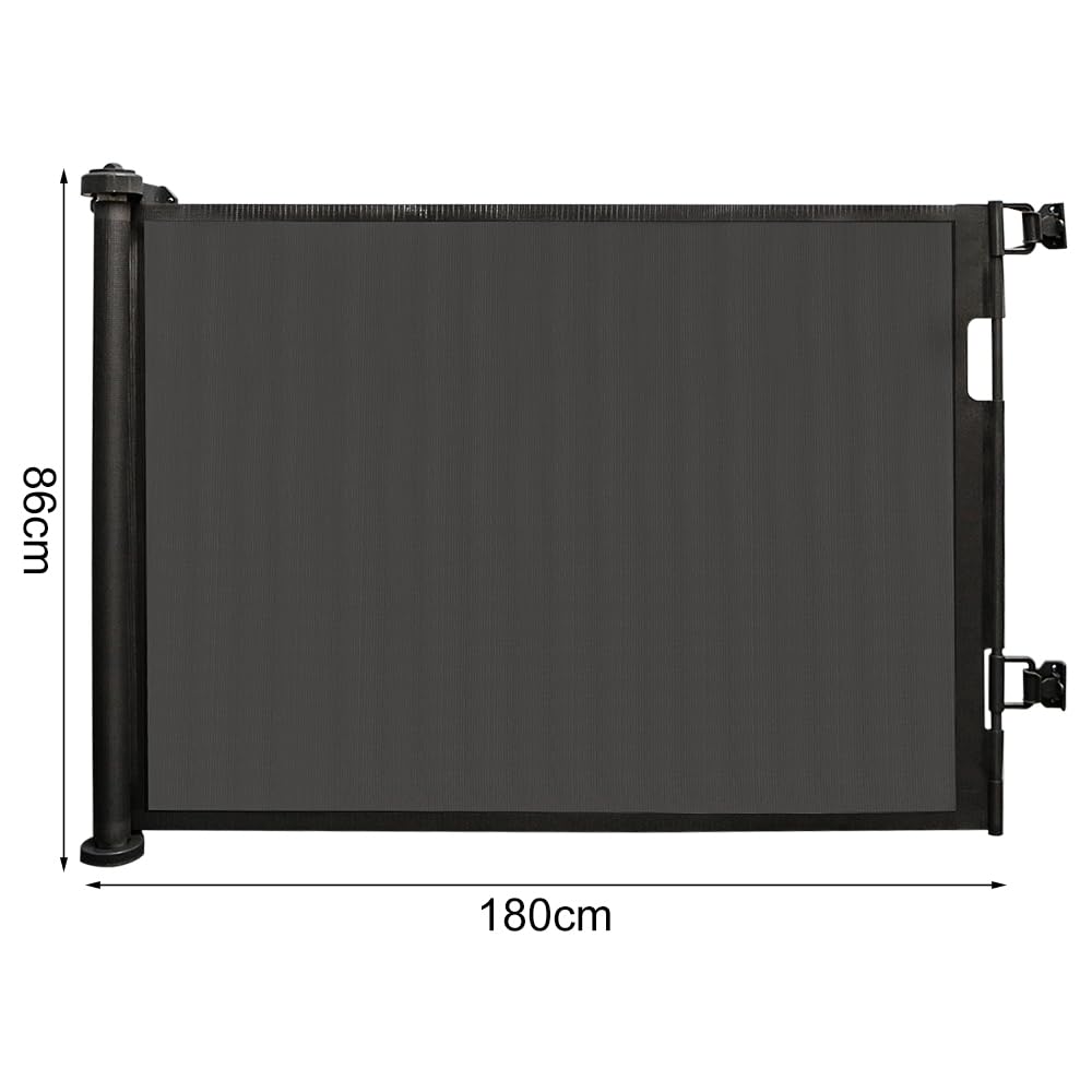 Barrera de seguridad retráctil para bebés y perros, 0-150 cm, barrera retráctil infantil, barrera de seguridad infantil, apta para escaleras, pasillos, interior (gris, 86 x 180 cm)