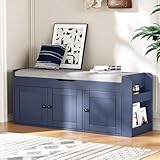 HOTAMO 42.6' Storage Bench - Entryway Shoe Bench with Side Storage Shelves and 3 Doors, Multifunctional Entryway Bench with Lift Top Cushion, Shoe Storage Bench for Bedroom, Living Room, Blue