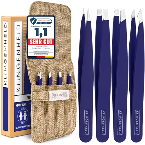 KLINGENHELD Präzises Pinzetten-Set mit handgeschliffenen Spitzen - Perfekt für alle Anwendungsbereiche - inkl. Baumwoll-Etui 100% plastikfrei & nachhaltig - Pinzette Augenbrauen zupfen 21 Farben