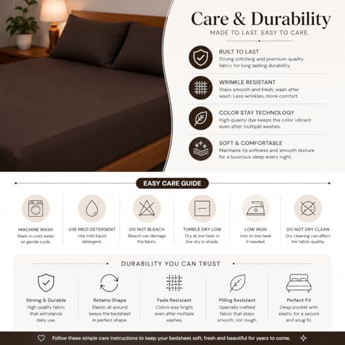 Image of Blue Strip Fitted Bedsheet with 2 Pillow Covers, Dark Brown, Polycotton, King Size 72x78 Inch, 8 Inch Deep Pocket, Fits Double, Queen & King Beds