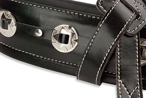 Walker & Williams C-44-Blk Classic Gloss Black Premium Grain Leather Double Padded Concho Strap 3.5" Wide For Acoustic, Electric, And Bass Guitars #TOP3