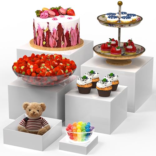 Image of 6 PCS Buffet Risers, Food Risers for Buffet Table, Display Stand Shelf for Party, Catering, Jewelry & Collectibles, White Acrylic Nesting Boxes for Food Display (8 inch 7 inch 6 inch 5 inch 4 inch 3 inch)