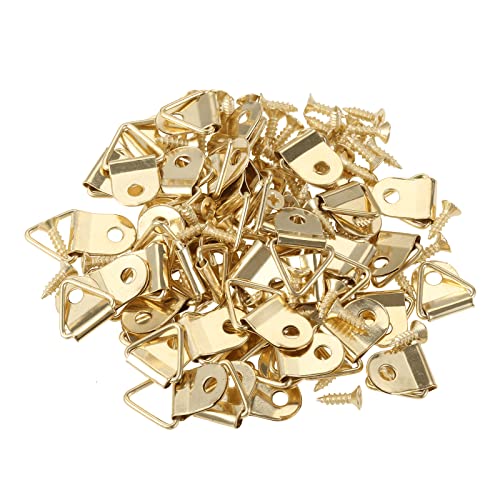 Image of dophee 50Pcs Triangle D-Ring Picture Frame Hangers with Mounting Screws for Hanging Display Paintings Clock Artwork Picture Frame Hook Photos Home Decoration - Gold