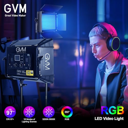 Image of GVM RGB Photography Lighting Kits with 2 Softboxes, 680RS 50W Studio Lights with Bluetooth Control, 2 Packs Video Light with 18 Lighting Scenes, led Panel Lights for Video Recording, 8500lux /0.5m