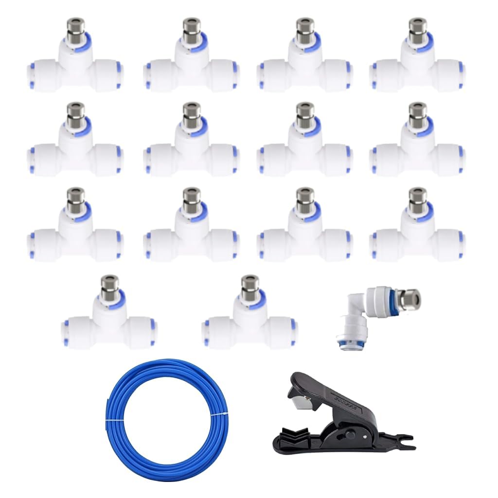 AAMERIA Stainless Steel 15pcs SS Misting Nozzle 0.3mm Orifice with Tee Connector, 20Mtr Pipe,Pipe Cutter,6mm (1/4")|Fogger Sprayer for Dairy Farming,Animal Husbandry|High Pressure Mist&Water Systems