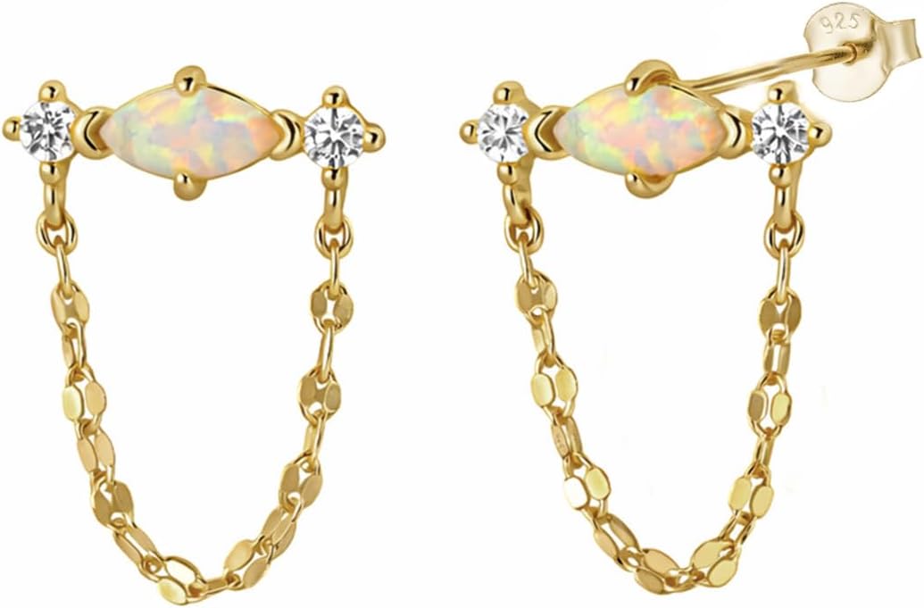 Dainty Drop Chain Stud Earrings for Women, Opal CZ Diamond Minimalist Gold Earrings, 18K Gold Plated Silver, Gold Summer Jewelry