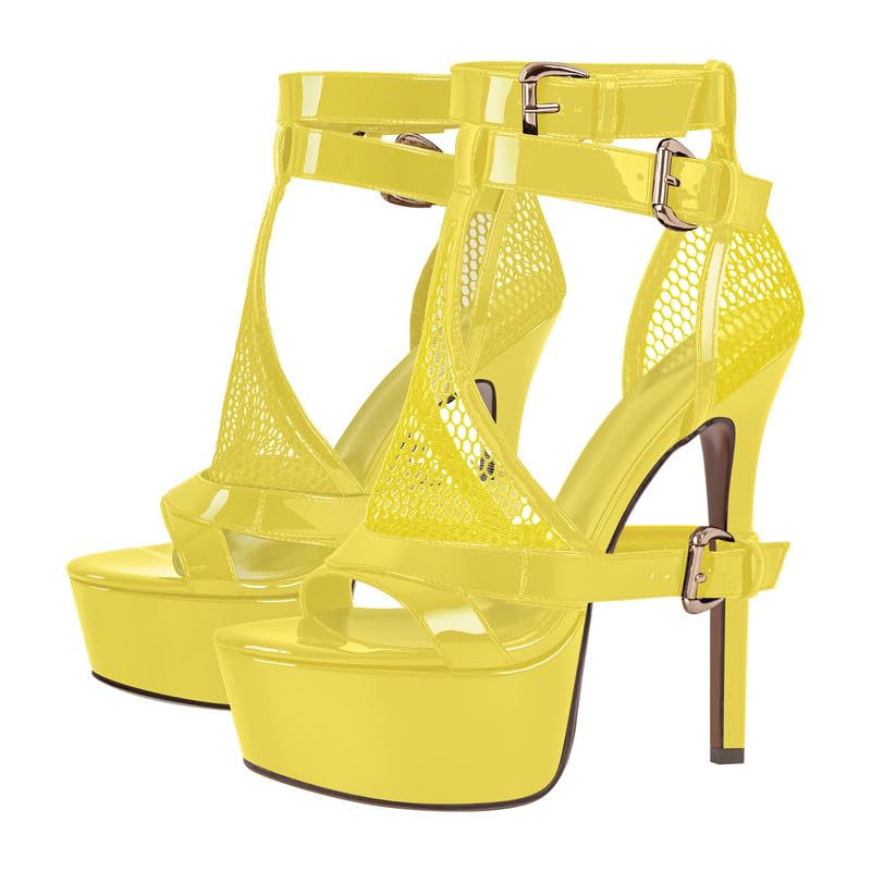 VERISSON Opened Round Toe Stiletto Pump Sandals T-Strap Double Grommets Buckle Strappy Fishnet Material Platform Summer Shoes4