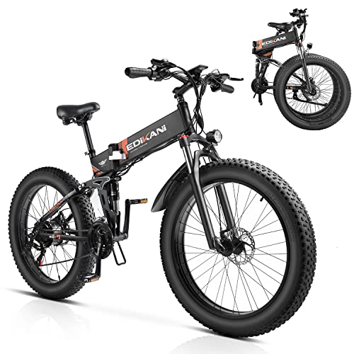 Exrbyko Electric Bike For Adults, 750W 34Mph Fat Tire Folding Electric Bike 26" X 4", Foldable Ebike 48V 12Ah Removable Battery, Full Suspension E Bike 21 Speed Gear, Electric Bicycle Up To 45 Miles #TOP23