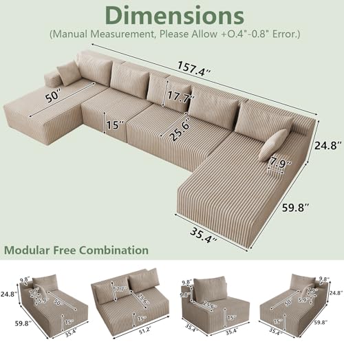 Image of 160 inch Modular Sectional Sleeper Sofa, Boneless Cloud Couch for Living Room, U Shaped 3 Seat Sofa with Deep Seat, Free Combination, Couch in a Box, No Assembly Required (Camel)