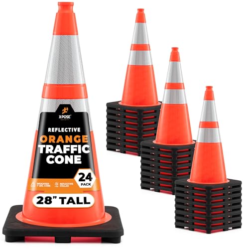 Image of Xpose Safety 28 inch Orange Traffic Cones, 24-Pack, 6 inch & 4 inch Collar