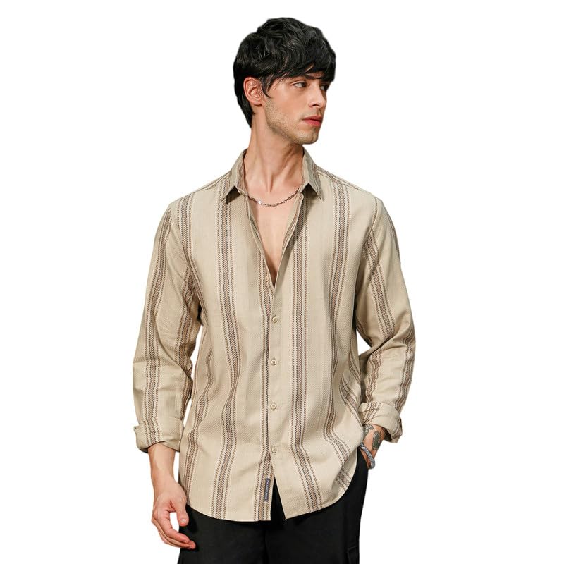Image of CAHOOT Men's Bisque Shirt Casual Wear | Spread Collar | Long Sleeve | Button Closure | Shirt Crafted with Comfort Fit for Everyday Wear