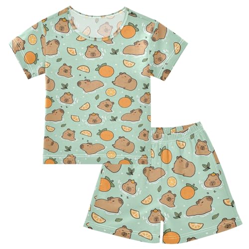 Cute Capybara with Oranges Blue Summer Cute Pajama Sets, Short Sets for Daily Wears and Sleep Wears