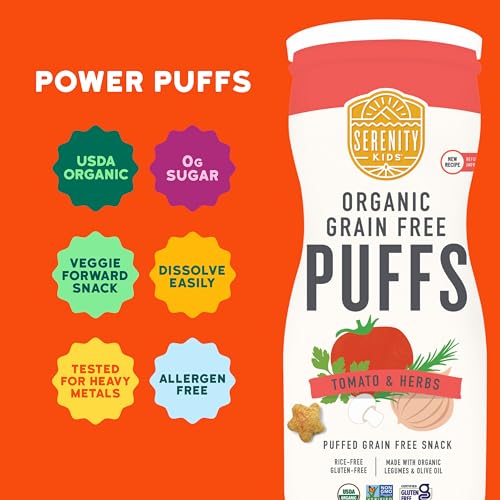 Image of Serenity Kids Tomato & Herbs - USDA Certified Organic, Grain Free & Non-GMO Veggie Puffs - Easy-Dissolve Texture - 1.5 Oz, Pack of 6