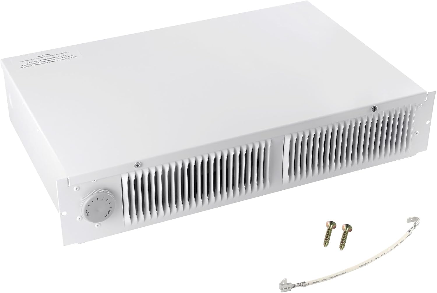 Kickspace heater,compact design,white fan-forced wall heater with built-in thermostat,covers 150 square feet, factory wired 204/208VAC