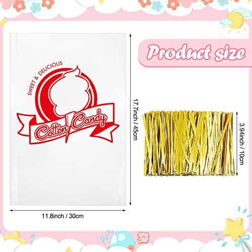 Image of Geyee 500 Pcs Cotton Candy Bags with Ties Cotton Candy with Print Clear Large Carnival for Party and Kitchen, 11.8 x 17.7 Inch