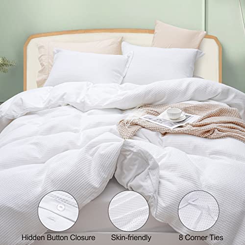 Phf Cotton Waffle Duvet Cover Queen Size, Ultra Soft Cotton Blend Comforter Cover Set, Comfy Breathable And Decorative Duver Cover Set With Pillow Shams Bedding Collection, 90"X90", White #TOP4