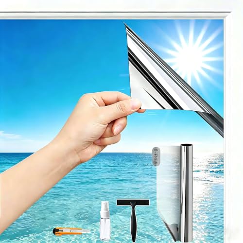 Evofensteere (44.5X200cm Silber) Fensterfolie Sonnenschutz Hitzeschutz innen oder außen | Rückstandslose Spiegelfolie Fenster Hitzeschutz | Sonnenschutzfolie | Spiegelfolie Fenster