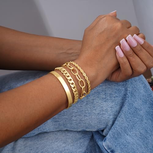 Gold/Silver Bracelets for Women Dainty 14K Gold Plated Bangle Bracelet Stack Waterproof Stackable Jewelry Set Non Tarnish Link Chain Adjustable Jewelry Gifts2