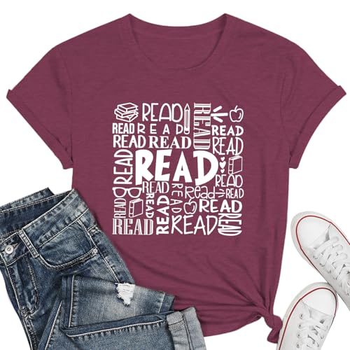 Image of Reading Teacher Shirt Women-Cute Read More Books Short Sleeve Library Book Lovers Daisy Tee Tops