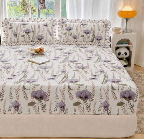 Image of VOMZER King Size (72x78) 300 TC Soft Cotton Feel Microfiber All Around Elastic Fitted Double Bedsheet with 2 Frill Pillow Covers | Wild Floral