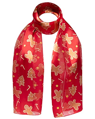 Basic Sense Weihnachten Halstuch Satin Rentier Lebkuchen Weihnachtsmann Weihnachtsstern Schnee Winter Schneeflocke Print Xmas Schals, Lebkuchen, Rot, One size Cover