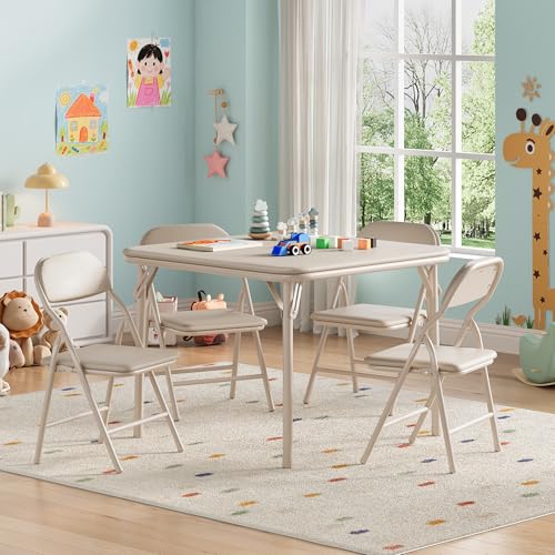 GarveeHome 5-Piece Kids Folding Table and Chairs Set, Toddlers Children's Activity Table and Chairs Set for Dining Room, Daycare, Classrooms, Beige, 5