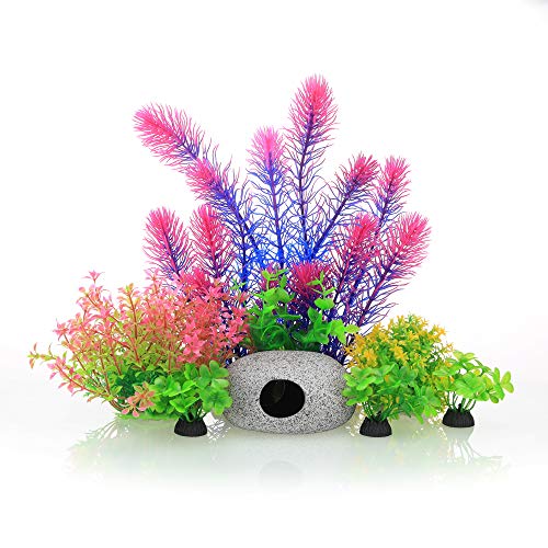 Aquarium Decoration Ornament Artificial Plastic Plant with Rock Cave 8 Pcs Kit for 10 Gallon, 20 Gallon or Larger Fish Tank
