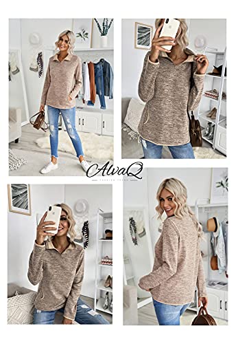 Alvaq Women Casual Winter Long Sleeve 1/4 Zip Pullover Tops Sweatshirts With Pockets Khaki Medium #TOP1