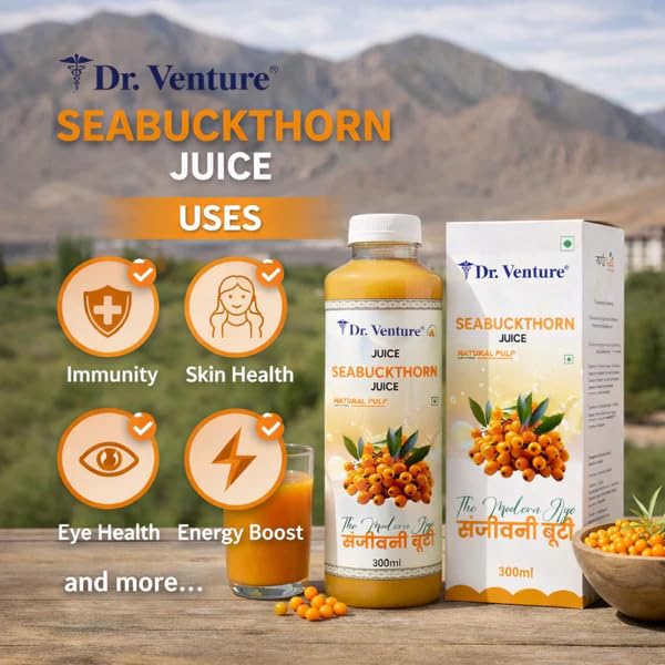 Image of Dr. Venture Seabuckthorn Juice 300ml with Natural Pulp | No Added Sugar | Rich in Omega 3, 6, 7 & 9 | Vitamin A, B, C, D, E & K | Daily Wellness & Energy Support Drink