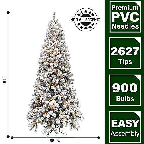 Fraser Hill Farm Alaskan Flocked Christmas Tree, 9 Feet Tall, Faux Tree with White Incandescent Smart Lights, Lights with Easy to Connect and Set up Features, Modern Holiday Décor