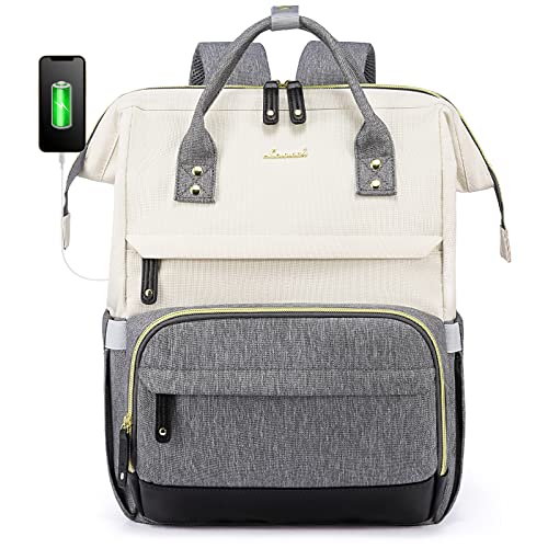 LOVEVOOK Laptop Backpack for Women, 15.6 Inch Work Business Backpacks Purse with USB Port, Large Capacity Teacher Nurse Bag College Bookbag, Waterproof Casual Daypack for Travel,White-Grey-Black