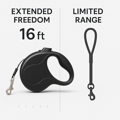 Miniatura 6 de Correa retráctil para perro de 16 pies, plástico duradero, metal y poliéster para perros pequeños a grandes, sistema de bloqueo suave y agarre