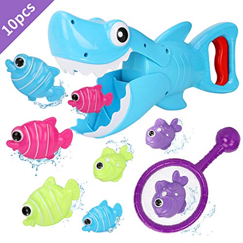 Bammax Juguetes Bañera, 10 pcs Peces Marinos Juguetes de Baño Bebe, Plastico Juego de Ducha Bebe, Juego de Pesca Piscina Niños, un Tiburón Blanco Capturador, 8 Peces Pequeños y una Red de Pesca