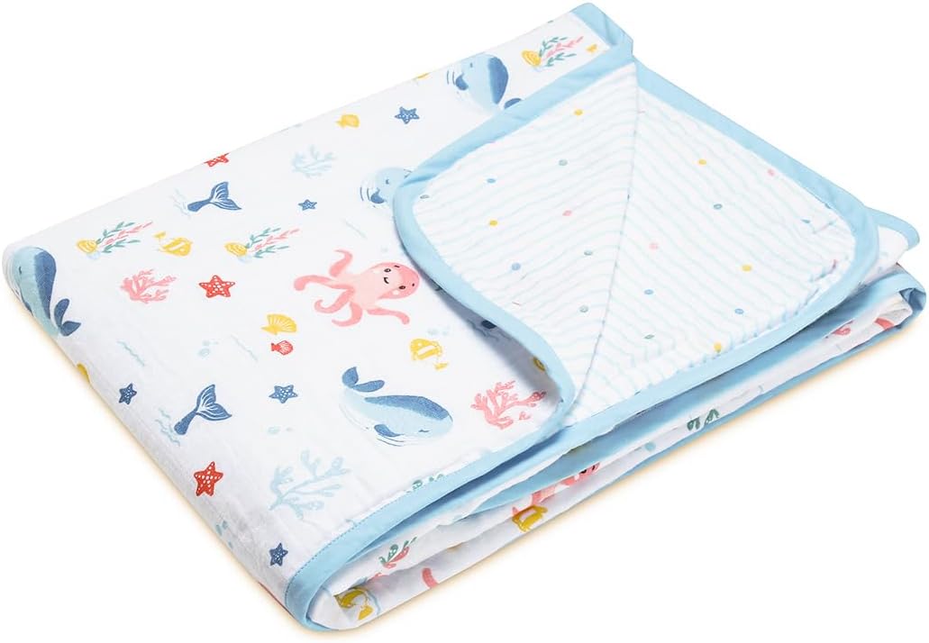 haus & kinder 100% Cotton Reversible Muslin Blanket For Newborn Baby Boy And Girl, Triple Layer Blanket 0-3 Years, Size- 120 Cm X 120 Cm (Vitamin Sea, Blue), 200 TC