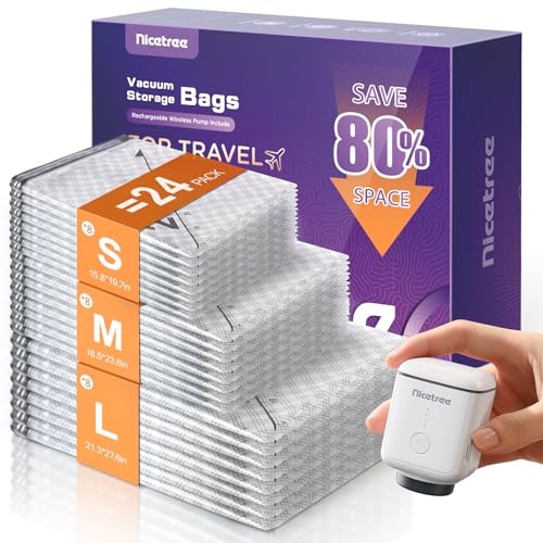 Image of Nicetree 24-Pack Vacuum Storage Bags with Rechargeable Wireless Pump | 3 Sizes (20 /24 /28 Inch) Travel Vacuum Seal Bags for Clothing, Bedding & Seasonal Storage | Space Saver for Luggage