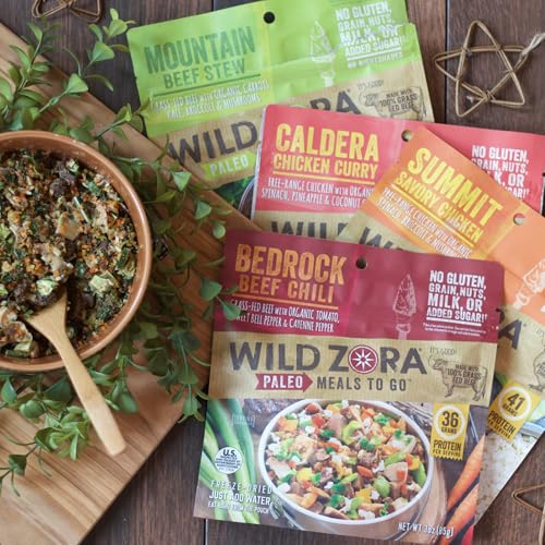 Image of Wild Zora Paleo Freeze Dried Meat Meals, 4 Pack, Gluten Free and Grain Free Camping and Backpacking Food, No Added Sugar, Healthy On-the-Go Travel Meal, Protein Packed (Meat 4-pack)