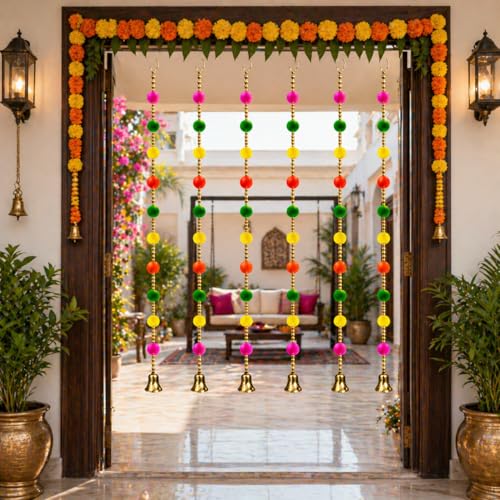 Image of Bindian Pom Pom Beads & Golden Bell Toran for Main Door, Pack of 10 Door Hanging Decorative Items, Home Decor Wall Hanging Decoration, Pooja Room Decor, Festival Decoration