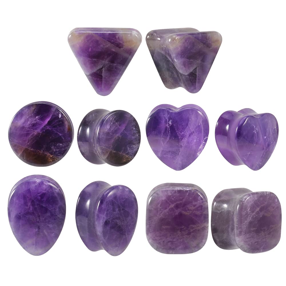 TBOSENSet of 10 Organic Stone Amethyst Ear Gauge Plugs Tunnel Double Flared Saddle Gauge Piercing Set Wearing Gift 0 g - 5/8 Inch in 8 mm - 16 mm